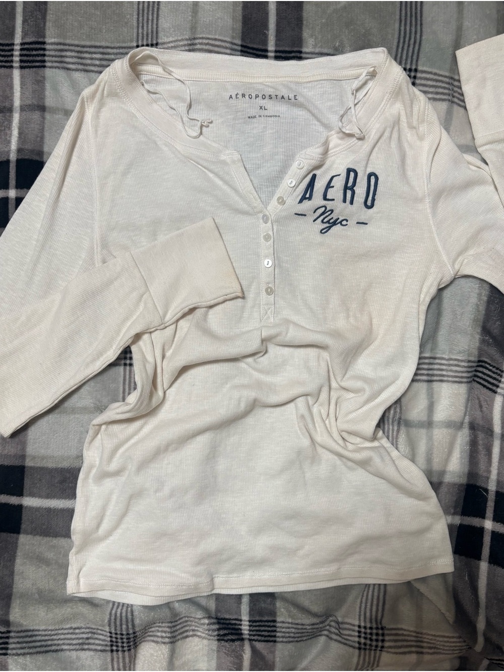 Aeropostale Cream Long-Sleeve Henley Top with AERO NYC Logo